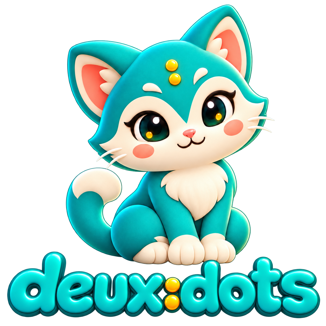 The deux:dots teal cat mascot with the deux:dots wordmark